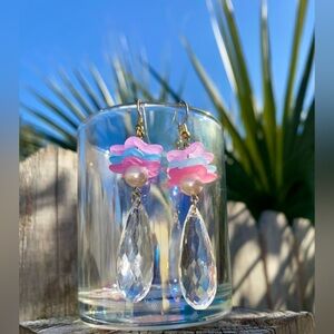 Handmade Pink Purple Blue Layered faux pearl drop crystal Earrings